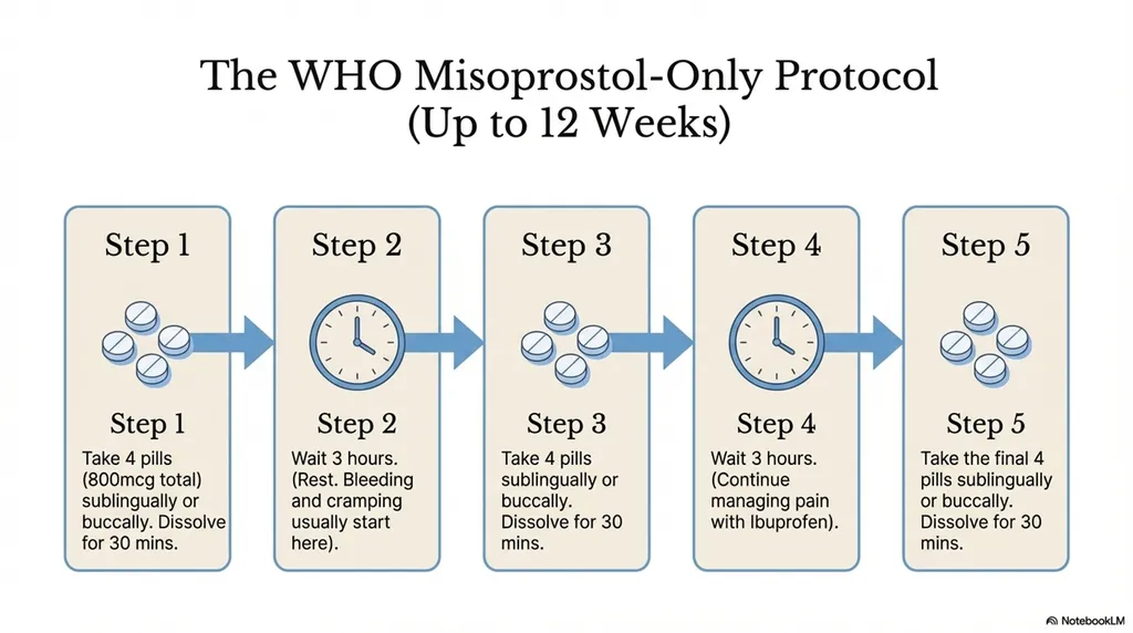 WHO protocol guide for misoprostol administration and next steps when treatment is incomplete